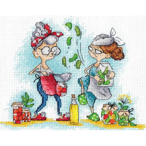 Cross Stitch Kit “Grandmothers with Pickles” – Nostalgic Embroidery Craft Set for Home Decor, Andriana