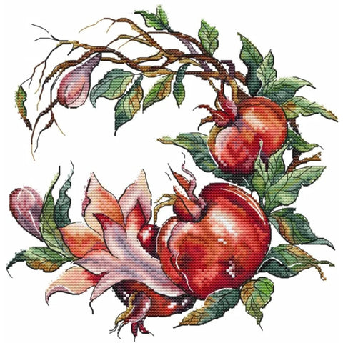 Cross Stitch Kit with Pomegranate Design, Aida Cotton Fabric, Cotton Threads, Needle, Pattern and Instructions, Andriana