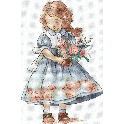 Spring Girl Cross Stitch Kit with Aida Cotton Fabric, Colored Threads, Needle, Pattern and Instructions by Andriana