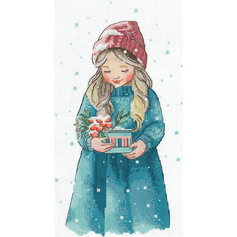 Cross Stitch Kit Winter Girl Design, Aida Fabric, Cotton Embroidery Floss, Needle, Color Chart and Instructions by Andriana
