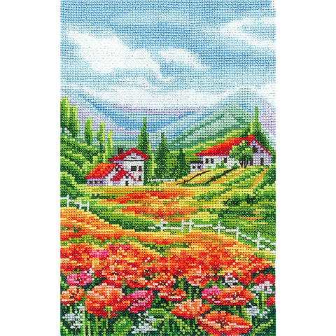 Cross Stitch Kit, Poppy Landscape Embroidery with Aida Canvas, Cotton Threads, Needle and Color Chart by Andriana