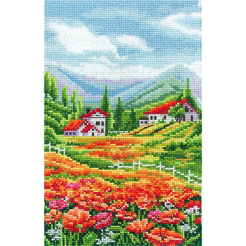 Cross Stitch Kit, Poppy Landscape Embroidery with Aida Canvas, Cotton Threads, Needle and Color Chart by Andriana