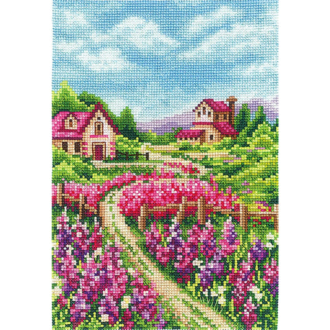 Cross Stitch Kit, Landscape with Blooming Lupines, Aida Fabric, Cotton Threads, Needle, Pattern and Instructions by Andriana