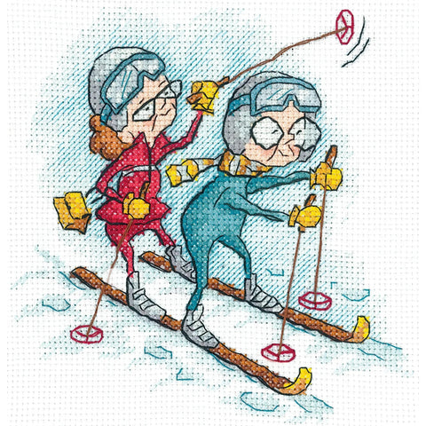 Counted Cross Stitch Kit Grandmothers Skiing, Multicolor Winter Landscape, Andriana, Beginner-Friendly Hobby Craft for Wall Decor