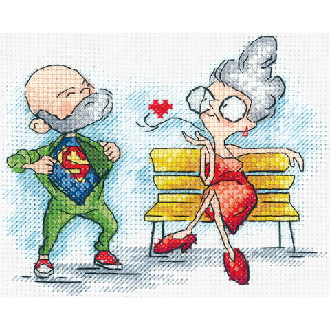 Counted Cross Stitch Kit, Grandma on a Date Design, Aida Fabric, Cotton Mouliné Threads, Beginner-Friendly, Andriana
