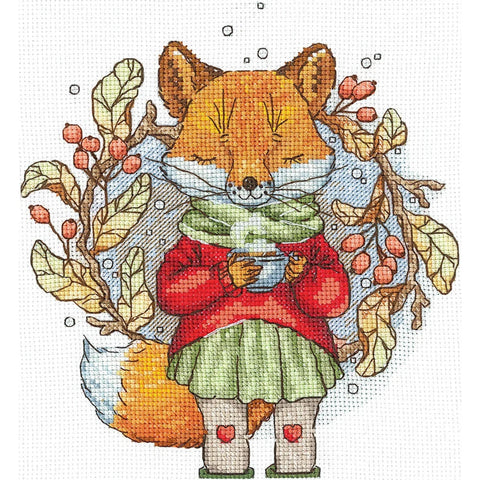 Cross Stitch Kit, Autumn Tea Design, 15 x 17 cm, Aida Fabric, Cotton Threads, Beginner-Friendly, Andriana