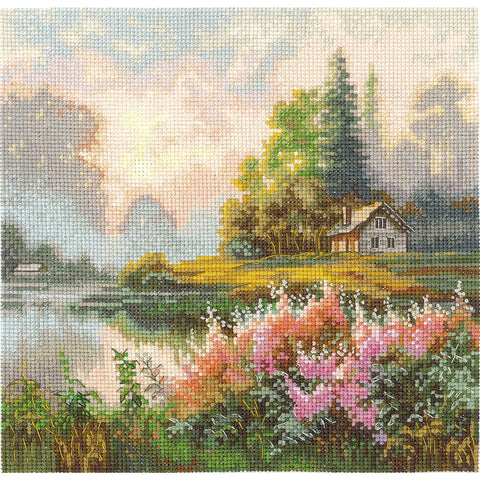Cross Stitch Embroidery Kit, Misty Landscape Design, 19x19 cm, Aida Fabric, Cotton Threads, Intermediate, Andriana