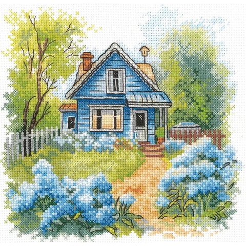 Cross Stitch Kit with Rural Cottage Motif, Andriana, 17.5 x 17 cm, Aida Canvas, Cotton Threads, Beginner-Friendly DIY Wall Decor