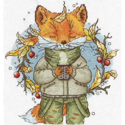 Cross Stitch Embroidery Kit with Autumn Coffee Design, 15 x 16.5 cm, Warm Fall Colors, Andriana DIY Craft Project