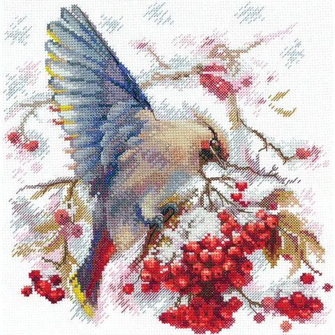 Cross Stitch Embroidery Kit with Waxwing Bird Design, Andriana, 19 × 19.5 cm, Multicolor, Fabric, Threads, Needle, Chart and Instructions
