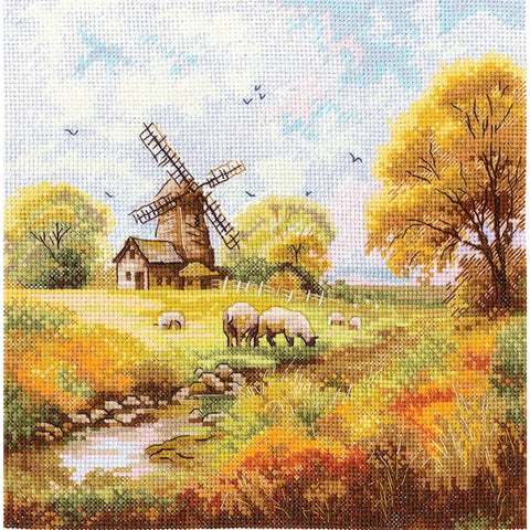 Cross Stitch Kit Old Mill Landscape, 19x19 cm, Andriana, Includes Canvas, Threads, Needle, Pattern and Instructions