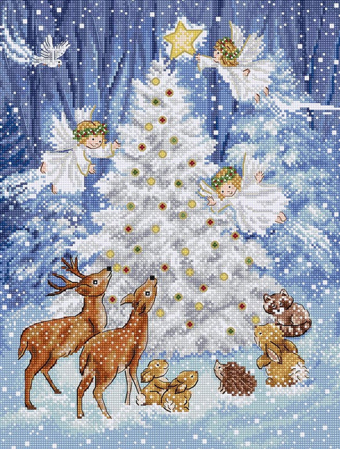 LetiStitch Angel in Wood Cross Stitch Kit, 24 x 32 cm, Zweigart Aida 16ct, 100% Cotton Threads, Black Symbol Chart