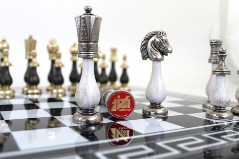 ARABESQUE: Unique Metal & Wood Chess Pieces with Lacquered Wood Chessboard