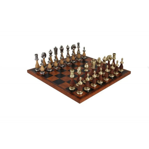 Arabic Style Metal/Wooden Chess Pieces with Brown/Black Leatherette Chessboard