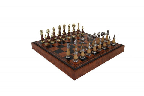 ARABIC STYLE Metal & Wood Chess Pieces with Brown/Black Leatherette Chessboard