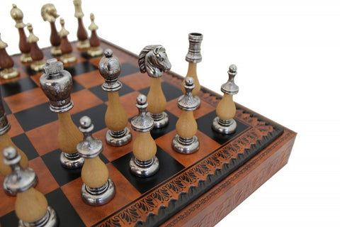 ARABIC STYLE Metal & Wood Chess Pieces with Brown/Black Leatherette Chessboard