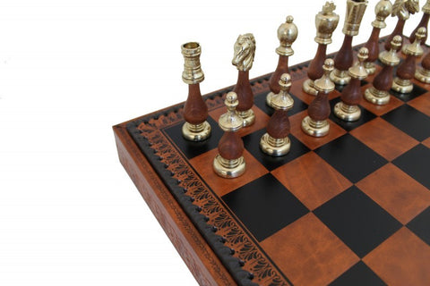 ARABIC STYLE Metal & Wood Chess Pieces with Brown/Black Leatherette Chessboard