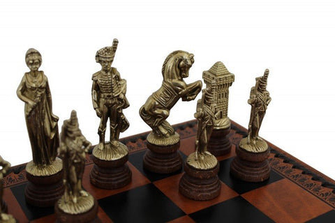 ARABIC STYLE: Metal & Wood Chess Pieces with Brown Leatherette Chessboard - Hobby.lt 🇬🇧