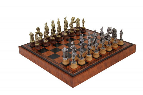 ARABIC STYLE: Metal & Wood Chess Pieces with Brown Leatherette Chessboard