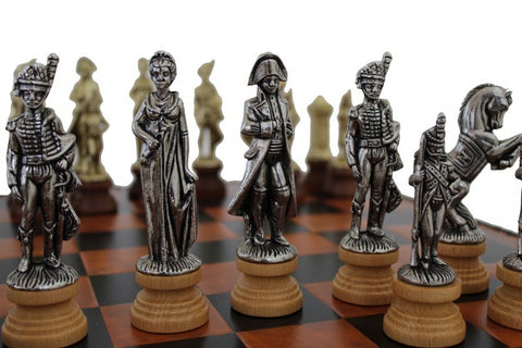 ARABIC STYLE: Metal & Wood Chess Pieces with Brown Leatherette Chessboard