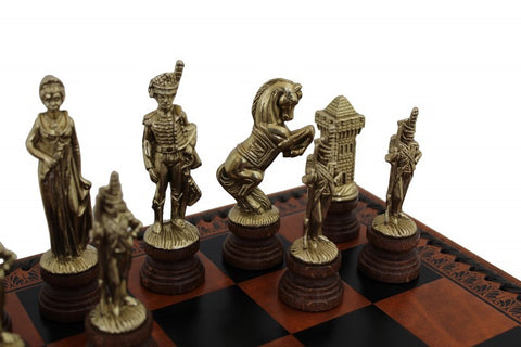 ARABIC STYLE: Metal & Wood Chess Pieces with Brown Leatherette Chessboard