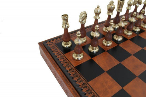 ARABIC STYLE Metal & Wood Chess Pieces with Brown/Black Leatherette Chessboard - Hobby.lt 🇬🇧