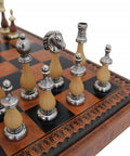 ARABIC STYLE Metal & Wood Chess Pieces with Brown/Black Leatherette Chessboard - Hobby.lt 🇬🇧