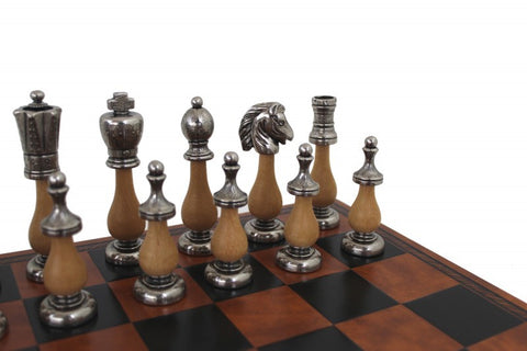 Arabic Style Metal/Wooden Chess Pieces with Brown/Black Leatherette Chessboard