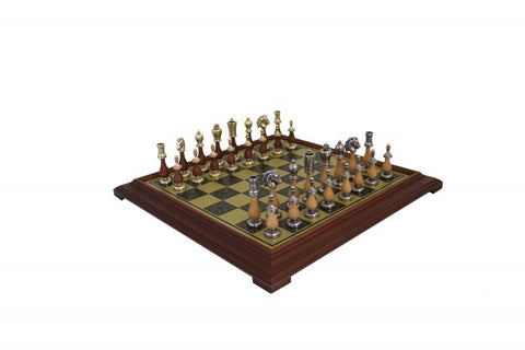 ARABIC STYLE SET: Metal & Wood Chess Pieces + Brass Effect Wooden Chessboard