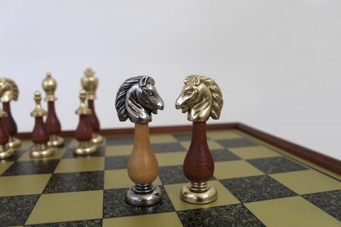 ARABIC STYLE SET: Metal & Wood Chess Pieces + Brass Effect Wooden Chessboard