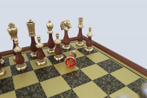 ARABIC STYLE SET: Metal & Wood Chess Pieces + Brass Effect Wooden Chessboard