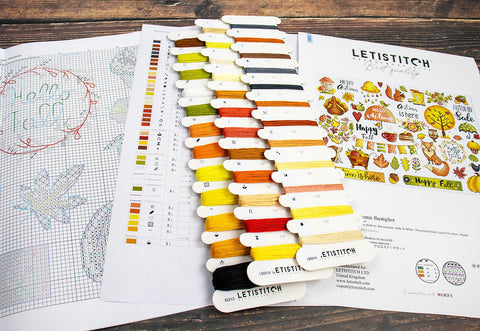 Autumn Sampler Cross Stitch Kit 38 x 27 cm, LetiStitch, Zweigart Aida 16ct, 100% Luca-S Cotton Threads