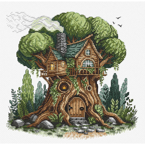 Treehouse Cross Stitch Kit, AVA Stitch Design, Aida 16 Fabric, 20.8 x 20.16 cm, 30 Colors, Full Kit