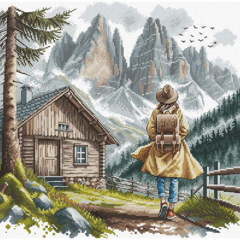 Under the Mountain Sky Cross Stitch Kit, AVA Stitch Landscape Pattern, 16 Count Aida, 57 Colors, 12.5 x 12.31 Inch Finished Size
