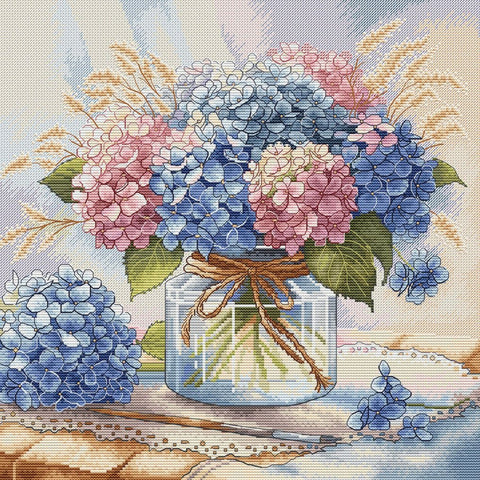 Watercolor Hydrangea Cross Stitch Kit, AVA Stitch Floral Design, 16 Count Aida, 28.57 cm, 49 Colors, 180 x 180 Stitches