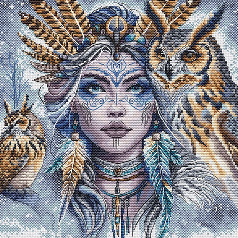 Warrior and Owls Cross Stitch Kit, Detailed Fantasy Design, AVA Stitch, 16 Count Aida, 41 Colors, 23.34 cm Square Pattern