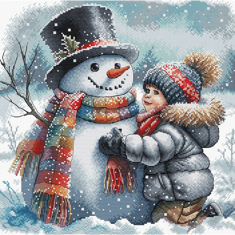 Winter Cross Stitch Kit, Boy and Snow Friend Design, 16 Count Zweigart Aida, 28 x 28 cm, AVA Stitch, 66 Colors