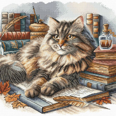 Wise Cat Cross Stitch Kit, AVA Stitch Animal Design, Aida 16 ct Canvas, 61 Thread Colors, 26.67 x 26.04 cm