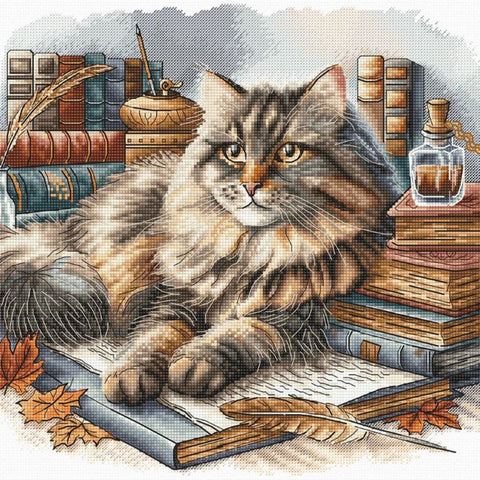 Wise Cat Cross Stitch Kit, AVA Stitch Animal Design, Aida 16 ct Canvas, 61 Thread Colors, 26.67 x 26.04 cm