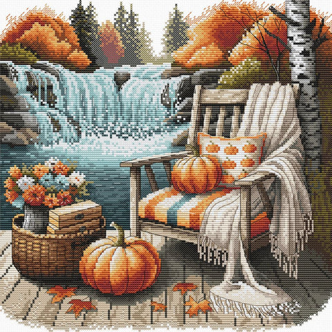 Autumn Landscape Cross Stitch Kit, 26 x 26 cm, Zweigart 16ct Aida, Luca-S and DMC Threads, 37 Shades, AVA Stitch