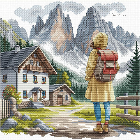 Alps Landscape Cross Stitch Kit, Detailed Mountain Scene, AVA Stitch, 16 Count Zweigart Aida, 32 x 31.3 cm
