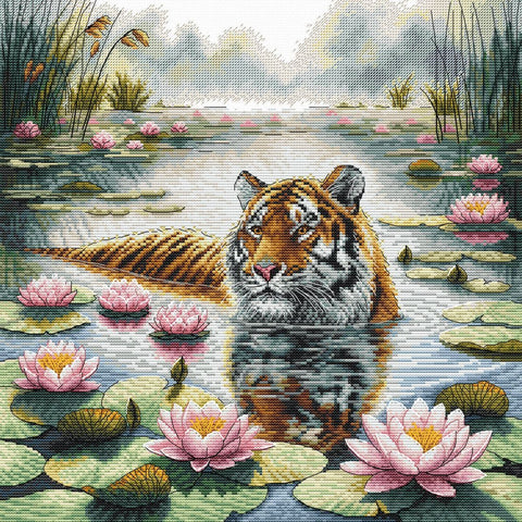 Tiger Cross Stitch Kit with Water Lilies, 30x30 cm, Zweigart Aida 16 ct, John James Needle, Embroidery Threads, Instructions, AVA Stitch