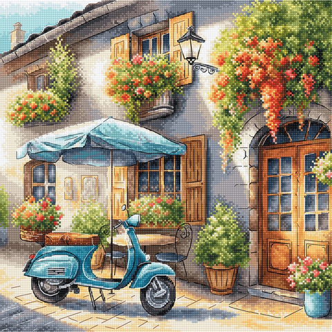 Blue Vespa Cross Stitch Kit, 11.25 x 11.25 in, AVA Stitch, Aida 16 Fabric, 51 Colors, Luca-S and DMC Threads, 180 x 180 Stitches