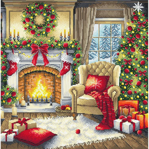 Christmas Cross Stitch Kit with Fireplace Dinner Scene, AVA Stitch, 16 Count Aida, 12.06 x 12.19 in Design