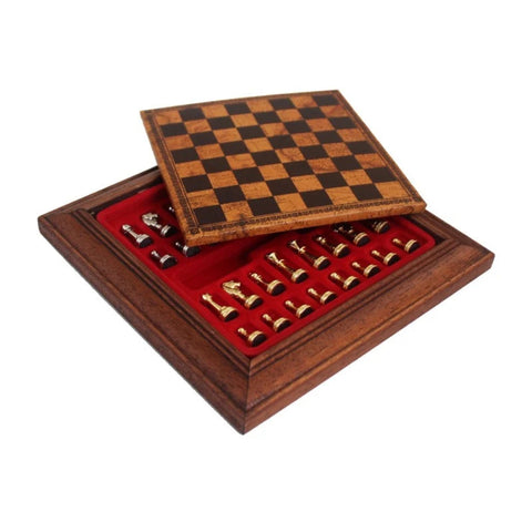 Gold and Silver Plated Metal Chess Set, Leather Board with Drawer, Made in Italy