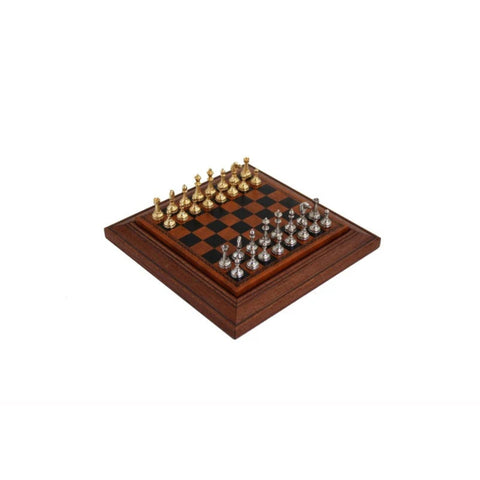 Gold and Silver Plated Metal Chess Set, Leather Board with Drawer, Italy