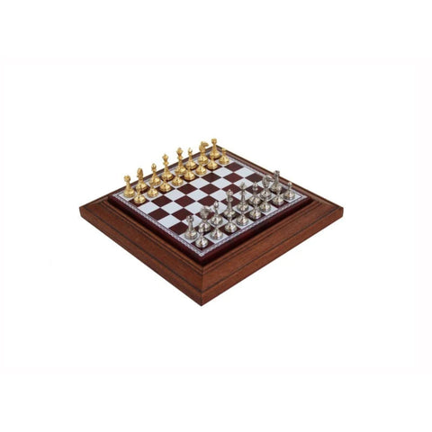 Gold and Silver Plated Metal Chess Set, 17cm Leather Board with Drawer, Italy