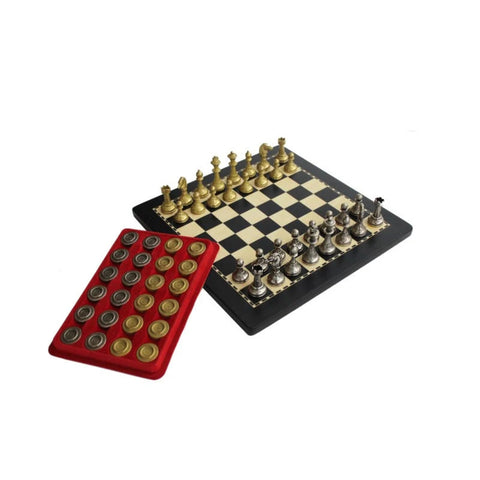 Wood Chess Board with Gold and Silver Metal Pieces plus Checkers, Made in Italy
