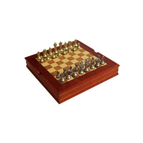 Roman Chess Set Wooden Board and Gold Silver Metal Pieces, Handmade Italy