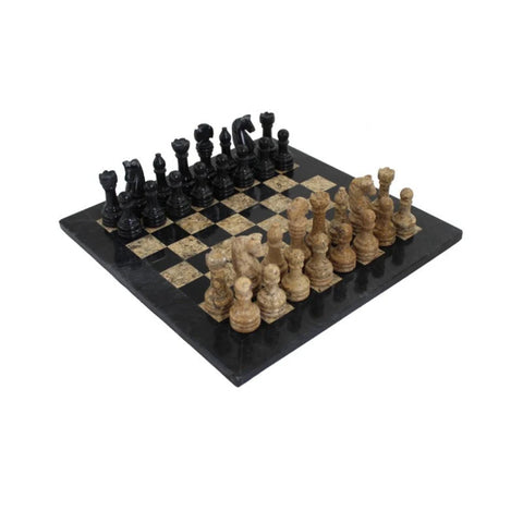 Italian Handmade Marble Chess Set, Black and Brown, Leather Case, 30cm Board